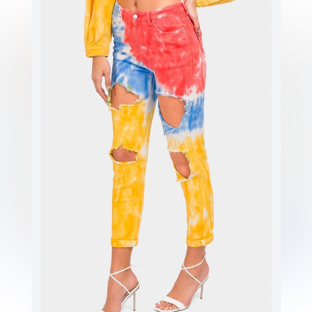 American Bazi Red, Blue, and Yellow Tie-Dye Ripped Jeans NWOT Small